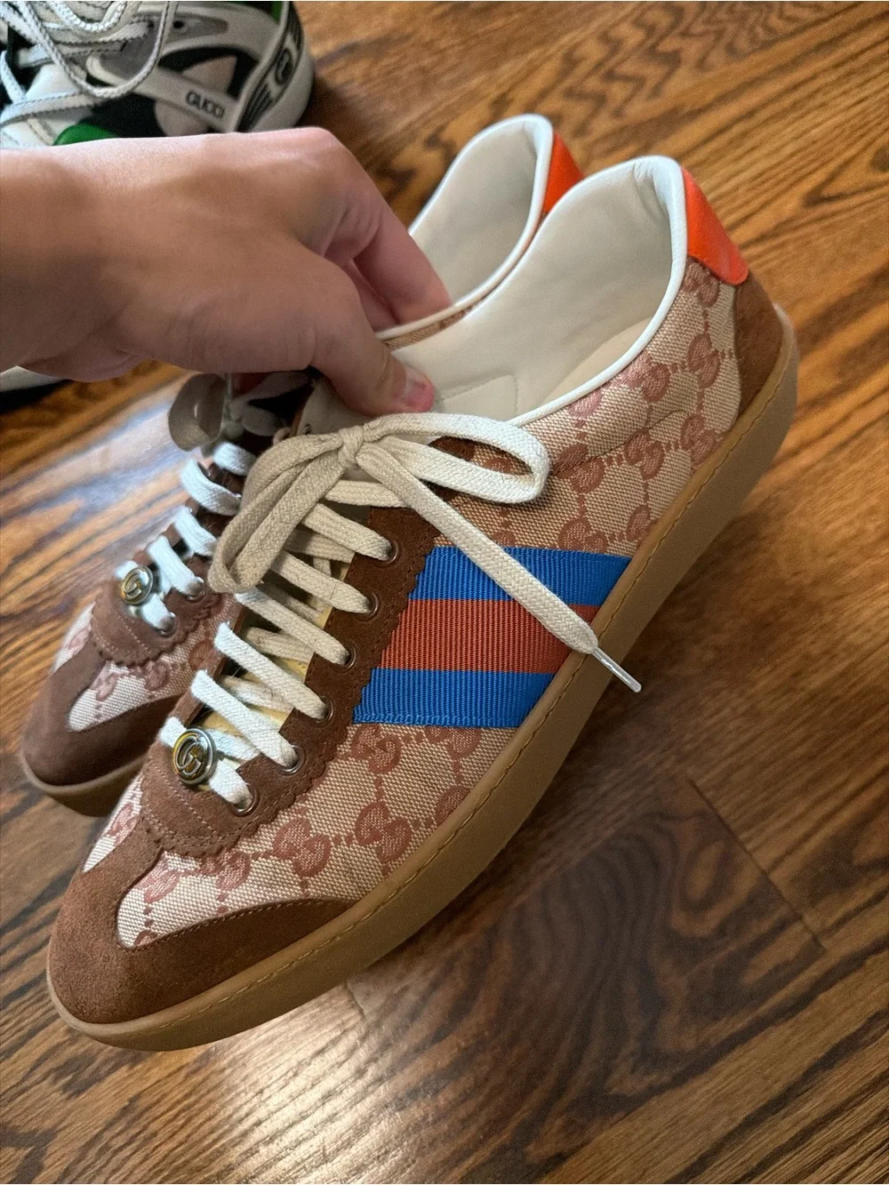 Gucci Brown GG Canvas & Suede Sneaker with Blue and Red Stripe